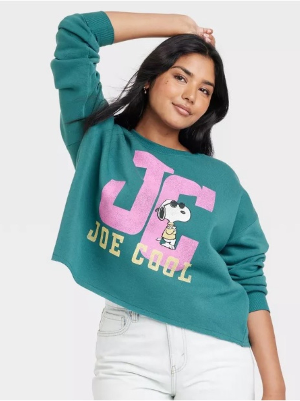 Peanuts Joe Cool Cropped Sweatshirt - Teal with Pink & Yellow